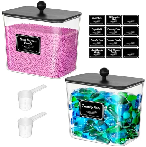 Lifewit 2 x 2 700 ml tvättmedel förvaring med bambulock och sked, svart | Plast tvättpulver förvaringslåda med etikett för pulver, doftpärlor, booster, tvättpods, diskmaskinstabletter