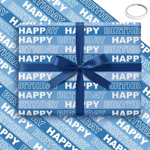 woric 84 * 60cm Birthday Wrapping Paper, 6 Sheets Large Blue Wrapping paper | Happy Birthday Stripe Design, Large sheets for Small to Medium Gifts, Men Boys Family Birthday Baby Shower