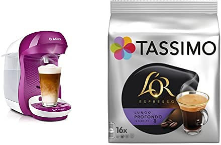 Bosch TAS1001 TASSIMO Happy Cafetera de cápsulas, 1400 W, color rosa y TASSIMO L'Or Café Lungo Profondo - 5 paquetes de 16 cápsulas: Total 80 unidades