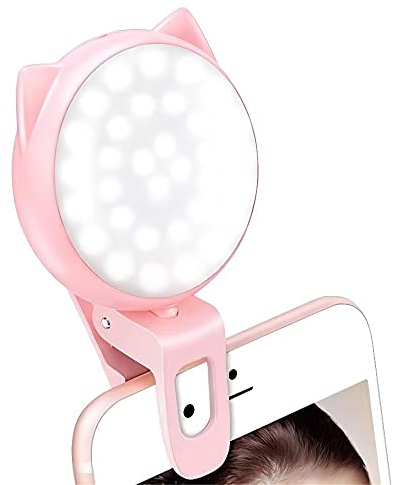JISULIFE Selfie Licht Clip on Ring Licht, Mini-wiederaufladbares 9-stufig einstellbares Helligkeitslicht mit 32 LEDs, 2–8 Stunden, USB-Blitzbeleuchtung für iPhone/Android-Handy-Fotografie – Pink