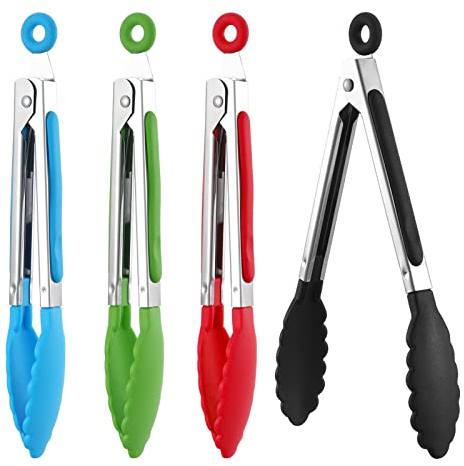Pinenuts 4 Pcs Kitchen Tongs, 8” Non-Slip Stainless Steel Cooking Tongs with Locking Clip for Cooking, BBQ, Serving, Heat Resistant Handle, Food Grade, Assorted Colour