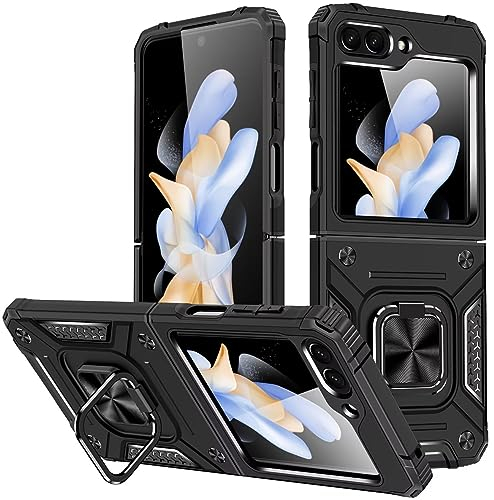 KANSi Cover per Samsung Galaxy Z Flip 5, Custodie Silicone TPU 360° Rotante Anello Magnetica Anello Ring Supporto Bumper - Nero