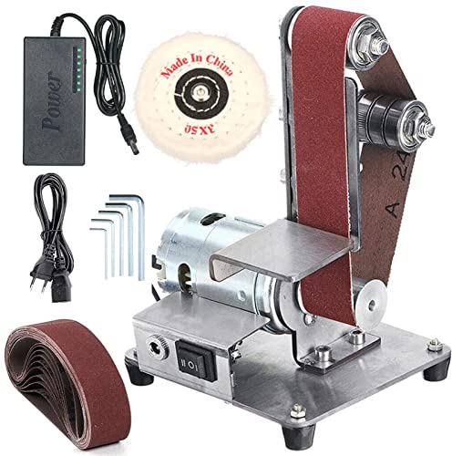 Ponceuse à bande ponceuse électrique 500 W, 7 Contrôle de vitesse variable, ponceuse stationnaire Avec 10 Bandes Abrasives Pour Bois Métal, Mini Ponceuse à Bande Avec roue de polissage