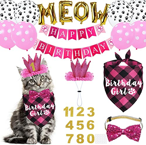 JOTFA Cat Birthday Party Supplies, Cat Birthday Hat Crown with Number Bandana Bow Tie Banner Balloons Meow Balloons for Cats Kittens Decorations