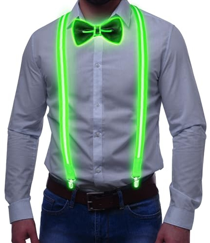 Tulov 2 Stück Leuchtende Herren LED Hosenträger und Fliege LED Hosenträger Herren Rave Outfit für Musik Festival Halloween Kostümparty Weihnachten (Grün)