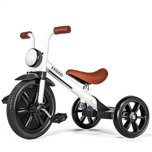 KRIDDO Kids Tricycles Age 2 Years to 5 Years, 12 Inch Puncture Free Rubber Wheel w Front Light, Adjustable Seat Height, Gift Toddler Tricycles for 2-5 Year Olds, Trikes for Toddlers, White