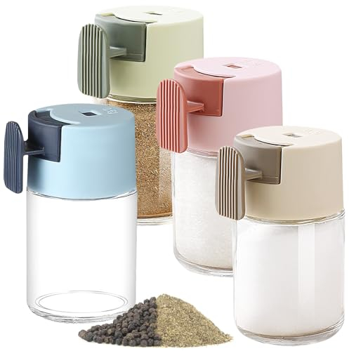 WSAMJIN 4 Pcs Spice Jars with Lid, Press Pepper Shaker with Handles Salt and Pepper Shakers Set Round Glass Salt Dispenser for Sugar, Salt, Pepper and Other Spices（100ml ）