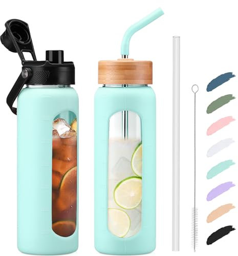 Kodrine 24oz Glass Water Bottle with Straw and 2 Lids, Light Blue