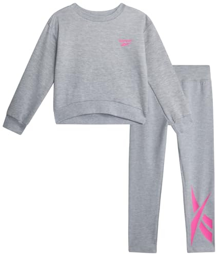 Reebok Toddler Girls Pants Set - 2 Piece Athletic Fleece Crewneck Sweatshirt and Active Leggings Toddler Outfits for Girls, Size 2T, Light Grey Heather