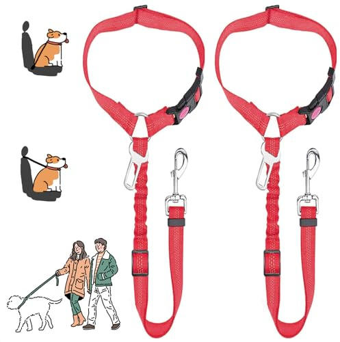 MOLHEM Confezione da 2 cinture di sicurezza per cani per auto, imbragatura di sicurezza elastica regolabile per auto, guinzaglio imbottito elastico anti-urto (rosso)