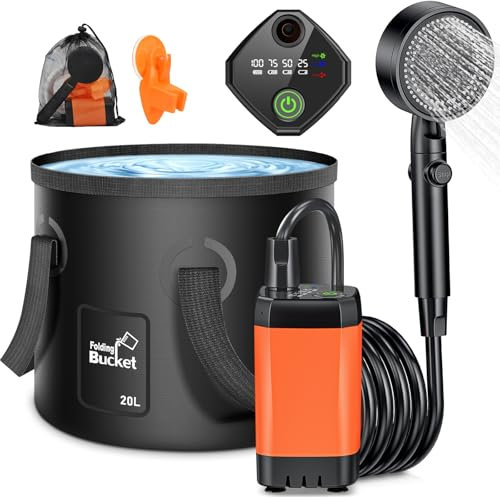 Rsaoty Campingdusche mit Pumpe, 3000mAh Campingdusche Akku Camping,Mobile Duschen Außenduschen mit 20L Klappbarer Eimer, Duschkopf und 2M Schlauch,für Garten, Strand,Haustier,Autowaschen,Reisen