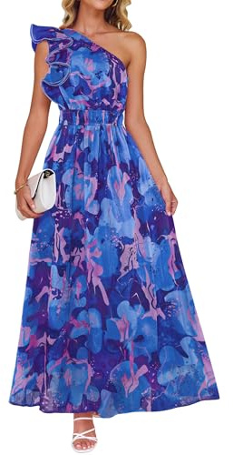 ZESICA Women's 2026 Boho Floral Sleeveless Maxi Dress Ruffle One Shoulder Elatsic High Waist Beach Party Long Dresses,Royal Blue,Small