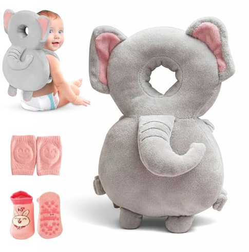 HippoBaby Baby Head Protector Backpack – Toddler Safety Cushion for Crawling & Walking – Infant Fall Protection Pillow with Adjustable Straps – Comes with Knee Pads & Non-Slip Baby Socks (Elephant)