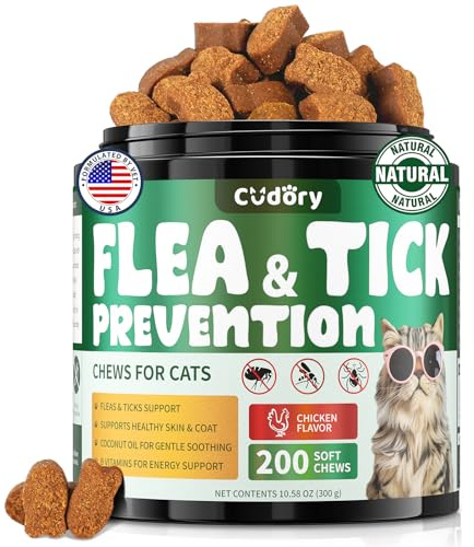 Flea and Tick Chews for Cats - 200 Chews Natural Flea Tick Support for Cat All Breeds & Ages - Nourishes Skin & Coat Health- Chicken Flavor Soft Chews