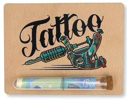 ZUKLA Emballage pour cadeaux en argent Tatouage/Tattoo - 13 x 10 cm - avec éprouvette - Emballage cadeau en argent en bois - Boîte cadeau pour bon cadeau tatouage