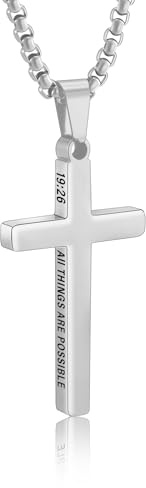 Silver Cross Necklace for Men Boys Mens Bible Verse Stainless Steel Cross Pendant Chain Men's Religious Christian Jewelry Gifts Teen Son Him 8-12 Confirmation First Communion Baptism Catholic 19:26
