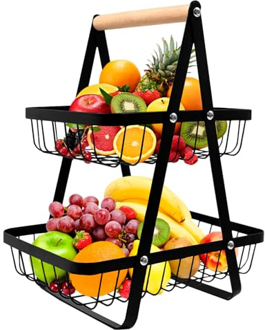 FORYNXHWIN 2-Tier Fruit Basket with Wooden Handle, Detachable Metal Fruit Bowl Holder Vegetable Storage Rack, Countertop Holder for Kitchen, Home, Office - Organize Fruits, Veggies, Snacks, Bread