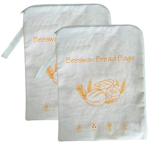 Bolsas de pan de cera de abejas, paquete de 2 con cremallera, almacenamiento de algodón natural de calidad alimentaria de 17x13 pulgadas, bolsas de pan ecológicas reutilizables para cocina sostenible