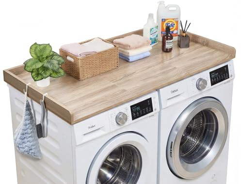 VEVOR Piano di Lavoro per Lavatrice e Asciugatrice 137 x 69,9 cm, Piano d'Appoggio per Lavatrice con Bordi Rialzati e Ganci Pratici, Top Coprilavatrice in Legno con Ampia Superficie di Lavoro, Rovere