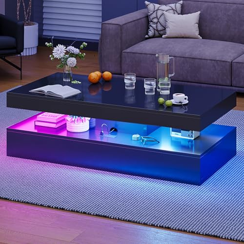 Nordivale Modern Coffee Table with LED Lights, 2 Drawer Storage, Wooden Coffee Table with Charging Station, USB Ports & Power Outlet, Rectangle Coffee End Table for Home, Office & Living Room - Black