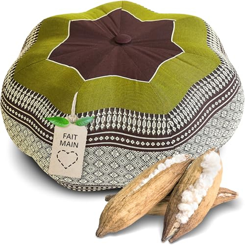 livasia coussin de méditation étoile grande taille - Ø 40x20cm - Coussin de yoga kapok, Pouf, Coussin de sol yoga zen méditation, Coussin zafu jardin balcon, Coussin d’assise fait main (Marron/Vert)