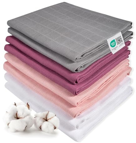 MAKIAN 8 Stück Baby Mullwindeln 80x80 cm Set - Spucktücher/Mulltücher doppelt gewebt, weich aus 100% Baumwolle, Oeko-TEX® Standard 100 geprüft, maschinenwaschbar - Orchidee Grau Weiß