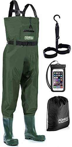 Foxelli 2-lagige wasserdichte Brust-Wathose aus Nylon und PVC, für die Jagd, Angeln, für Herren und Damen, mit Stiefeln, grün, 10
