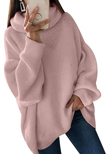 Pull Col Roulé Oversize Grosse Maille Ample Manche Longue Large Taille XXL Femme Rose Personnalisable Tricoté Chaud Sweater Gros Pull Hiver Chic