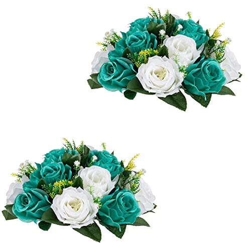 Inweder Hochzeitsblumen-Kugeln für Tafelaufsätze – 2 Stück künstliche Blumen-Kugel-Arrangement-Blumenstrauß, künstliche Blumen-Rosenbälle für Hochzeiten, Heimdekoration, Blaugrün und Weiß