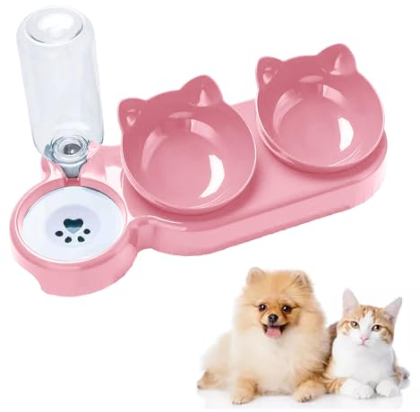 3-In-1 Cat Food and Water Bowl Set, Raised Cat Bowls With Stand, Double Cat Bowls with Water Dispenser for Pet, Food and Water Feeder for Small Medium Dogs Cats (Pink)