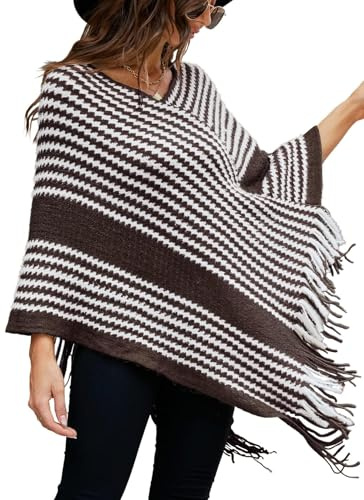 NLAND Poncho Mantella da Donna Invernale Caldo in Maglia con Frangia Leggero Coprispalle Elegante con Strisce(Caffè)