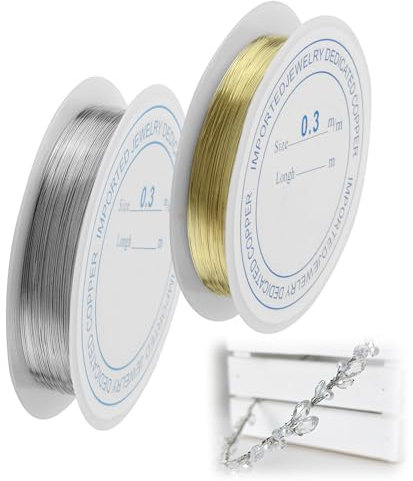 2 Rollen Schmuckdraht 15m/Rolle, 0,3 mm Basteldraht Dünn Kupferdraht, Draht zum Basteln für Perlenweben & Schmuckherstellung, Schmuckdraht Silber,Basteldraht Gold