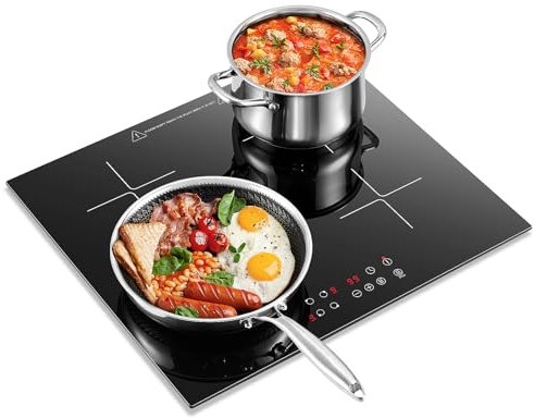 KICHPOWER Plaque Induction 4 feux, Plaque de Cuisson Electrique 60cm Encastrable, Table de Cuisson électrique 4 foyers, Boost Fonction, Commande Tactile, 6000W, 9 Niveaux de puissance