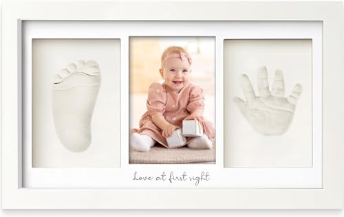 Generico Kit Ricordo Impronte Bambino con Cornice Foto, Argilla Atossica e Accessori, Colore Bianco Alpino