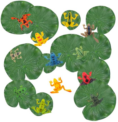 Axvxby 22PCS Lily Pad and Plastic Frogs Set 12 Colorful Frog Figures 10 Artificial Floating Lotus Leaves for Pond Pool Decorations Party Favors