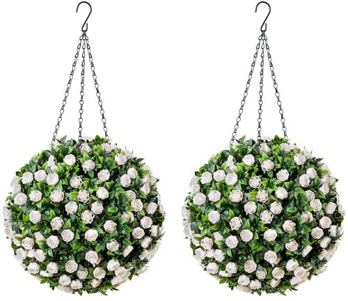 CHRISTOW Pair of Artificial Rose Topiary Balls, 28cm Faux Leaf Hanging Ornaments, White Flowers, Decorative Outdoor Garden Plants, Lush Lifelike Foliage, UV Protected, Pre-Attached Chain with Hook