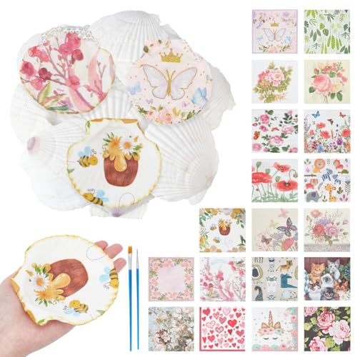 nbeads 15 stycken pilgrimsmusslor för pyssel, 10 cm musslor gör-det-själv hantverkssats med 40 stycken decoupage papper och 4 stycken mikrodetaljborstar för konstnärlig heminredning med nautiskt