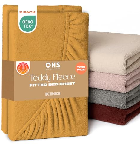 Brentfords Teddy Fleece Fitted Sheet King Size 2 Pack, Soft Warm Thermal Teddy Bear Bedding Bed Cover Deep Pocket 25cm Fade Resistant Cuddly Cosy Fluffy Fitted Sheet King Size, Yellow