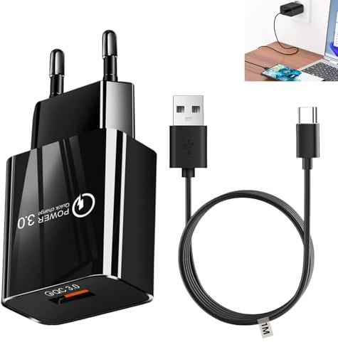18 W USB-laddare, QC 3.0 snabbladdare, nätdel med USB-laddningskabel typ C 1M för S-amsung Galaxy Note9/S9 Plus/Note8/S8 Plus/S7/S7 Edge/S6/S6 Edge, X-iaomi, H-TC, H-uawei, svart