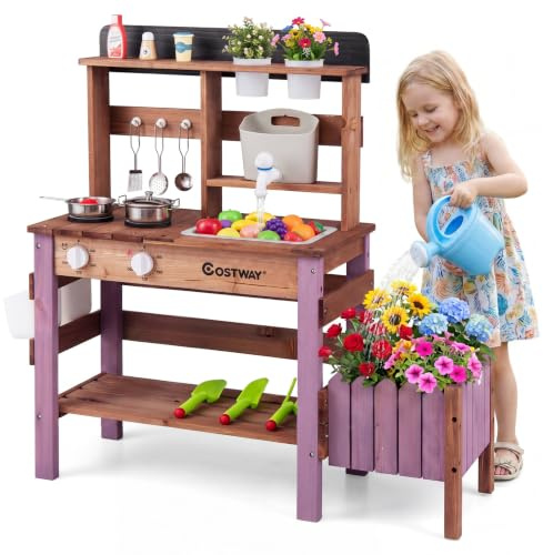 COSTWAY Cuisine Extérieure Enfant en Bois avec Jardinière et 15 Accessoires
