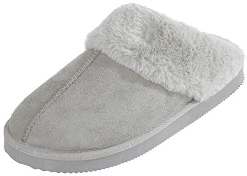 Autumn Faith Ladies Slippers Luxury Womens Microsuede Mules Upper White Fleece Lining Non-Slip Tough EVA Sole Grey 7 UK