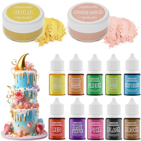 Luster Dust 2 Color & Food Dye Coloring 10 Color Set, Edible Food Coloring Liquid and Shimmer Cake Dust Metallic Food Coloring Powder Glitter for Cake Decorating Baking Fondant Gumpaste Drinks Cookie