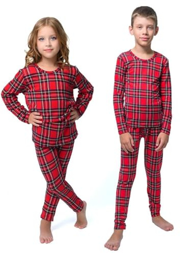 Conjunto de ropa interior térmica para niños, camiseta de manga larga y leggings largos, capa base para niños y niñas, Cuadros rojos, 2-4 XX-Small