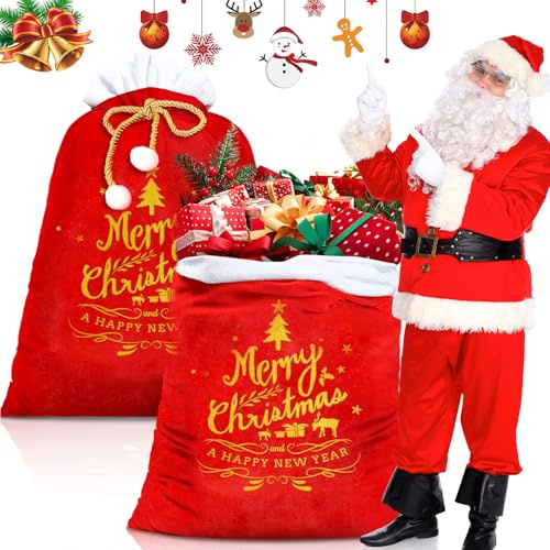 ZZQVIP Juego de 2 Sacos de Navidad Grandes 100×70 cm,Saco Papá Noel de Terciopelo Rojo con Cordón Dorado y Estampado, Bolsas de Regalo Navidad Reutilizables para Decoración, Árbol y Fiestas