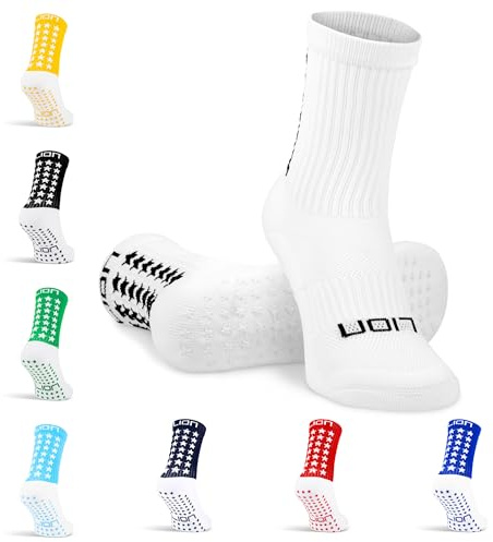 Lion Elite 2.0 Grip Socks – Non-Slip Football Socks with Dual Grip – Pairs with Sleeves, Adults & Kids Sizes - White | Large