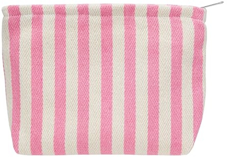 Makeup Bag Large Cotton Zipper Pouch for Purse Travel Canvas Make Up Organizer for Women Cosmetic,Stripe Pink