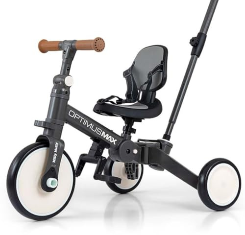 Milly Mally Tricycle 5in1 Optimus Max Baby-Dreirad Dreirad für Kinder mit Steuergriff für Eltern 1 bis 4 Jahren (Dark Grey)