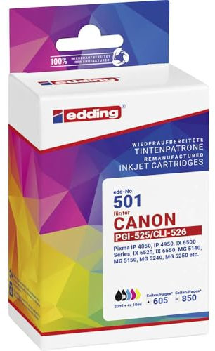 edding Druckerpatrone ersetzt Canon PGI-525+CLI-526 Kompatibel Kombi-Pack Schwarz, Cyan, Magenta, Gelb EDD-501 18-501-0