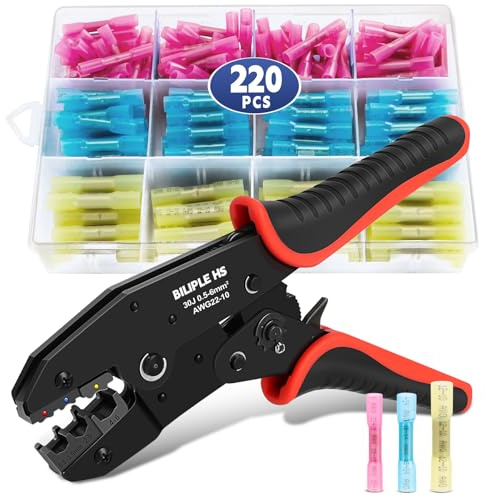 BILIPLE Wire Terminals Crimping Tool Kit, AWG 22-10 Crimping Tool for Heat Shrink Connectors 200 PCS Marine Grade Heat Shrink Wire Connectors, for Heat Shrink, Nylon, Non-Insulated Connectors