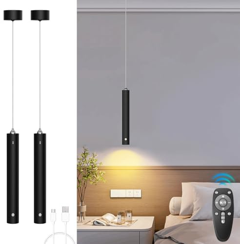 ACMHNC Suspension Sans Fil, 2 pcs Suspension Luminaire avec Batterie 4500 mAh, Dimmable avec Télécommande, Minuterie 1/2/4/6h, 5 W, Lampe Suspendue LED Noire Pour Chambre, Table À Manger